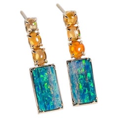 Rectangle Australian Solid Opal & Fire Opal Drop Earrings 14K Yellow Gold