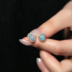 Halo Diamond Australian Doublet Opal Stud Earrings 14k Yellow Gold