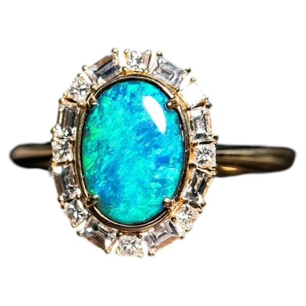 Baguette Halo Diamond Black Opal Engagement Ring 14K Yellow Gold For Sale