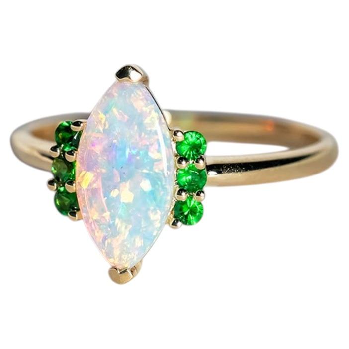 Marquise Solid Opal & Tsavorite Garnet Engagement Ring 14K Yellow Gold For Sale