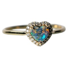 Heart Shaped Black Opal Halo Diamond Engagement Ring 14k Yellow Gold