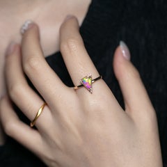 Unique Pattern Triangle Black Opal Diamond Engagement Ring 14K Yellow Gold