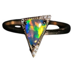 Unique Pattern Triangle Black Opal Diamond Engagement Ring 14K Yellow Gold