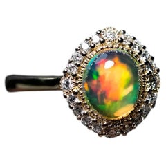 Stunning Play of Colors Halo Diamond Mexican Fire Opal Engagement Ring 14K
