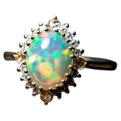 1.44ct Multicolor Mexican Fire Opal Halo Diamond Ring 14K Yellow Gold