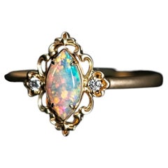 Baroque Inspired Australian Solid Opal Diamond Floral Ring 14K Yellow Gold