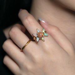 Golden Dahlia – Fire Opal & Australian Opal Floral Diamond Engagement Ring 14K