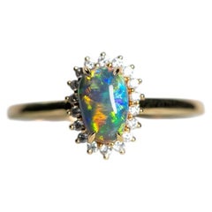 Australischer Schwarzer Opal Diamant Halo Verlobungsring 18K Gelbgold
