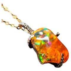 3.6ct Mexican Fire Opal & Diamond Pendant Necklace 14K Yellow Gold