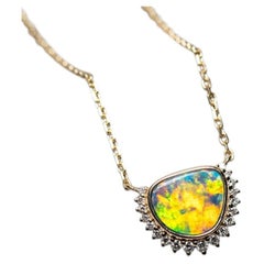 Aurora Glow Doublet Opal Diamond Pendant Necklace 14K Yellow Gold