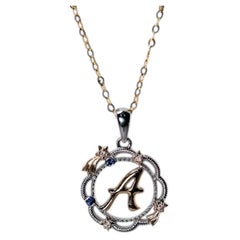 Elegant A Letter Blue Sapphire Pendant Necklace 14K Gold