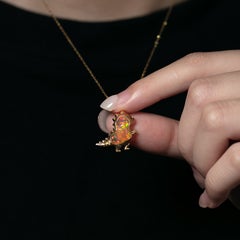 Baby Dinosaur T-Rex Mexican Fire Opal Diamond Necklace 18K Yellow Gold