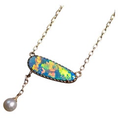 Elegant Doublet Opal & Pearl Lariat Necklace 14K Yellow Gold