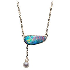 Aurora Glow Doublet Opal & Pearl Lariat Necklace 14K Yellow Gold