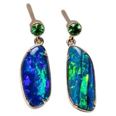 Stylish Australian Doublet Opal Tsavorite Drop Earrings 14K Yellow Gold
