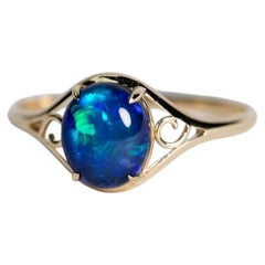 Oval Deep Blue Black Opal Engagement Ring 14K Yellow Gold
