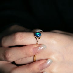 Oval Deep Blue Black Opal Engagement Ring 14K Yellow Gold
