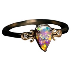 Pear Shape Australian Boulder Opal Milgrain Diamond Ring 14K Yellow Gold