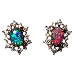 Stunning Boulder Opal & Halo Diamond Stud Earrings 18K Yellow Gold