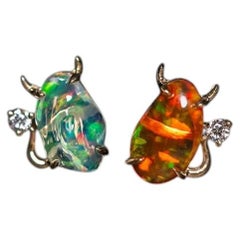 I Love You, Little Devil - Fire Opal Diamond Stud Earrings 14K Yellow Gold