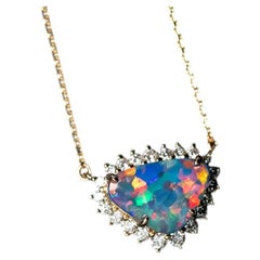 Radiant Doublet Opal Diamond Pendant Necklace 14K Yellow Gold