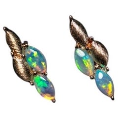 Golden Wheat Inspired Crystal Opal Stud Earrings 14K Yellow Gold