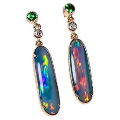 Vivid Color Doublet Opal & Diamond Tsavorite Drop Earrings 14K Yellow Gold