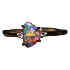 Vibrant Australian Black Opal & Diamond Engagement Ring 14K Yellow Gold