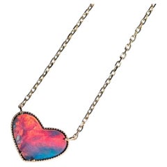 Red Blue Flash Heart Shaped Australian Doublet Opal Necklace 14K Yellow Gold