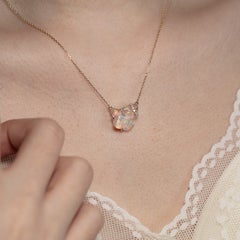 2.85ct Mexican Fire Opal with Rainbow Flash & Diamond Necklace 14K Yellow Gold