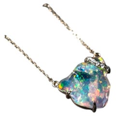 2.85ct Mexican Fire Opal with Rainbow Flash & Diamond Necklace 14K Yellow Gold