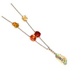 Stylish Five Charms Mexican Fire Opal Diamond Necklace 14K Yellow Gold