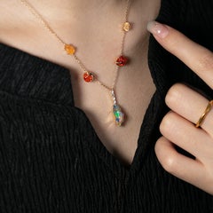 Stylish Five Charms Mexican Fire Opal Diamond Necklace 14K Yellow Gold