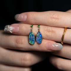Stylish Australian Doublet Opal Diamond Tsavorite Drop Earrings 14K Yellow Gold