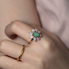 Unique Design Black Opal & Crystal Opal Diamond Engagement Ring 14K