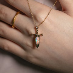 Knight Sword - Pink Semi Black Opal & Princess Cut Diamond Necklace 18K