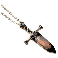 Knight Sword - Pink Semi Black Opal & Princess Cut Diamond Necklace 18K