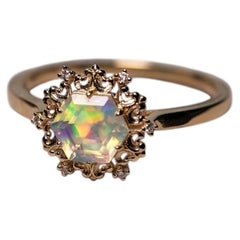 Snowflake Hexagonal Faceted Mexican Fire Opal Diamond Engagement Ring 14K