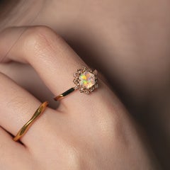 Snowflake Hexagonal Faceted Mexican Fire Opal Diamond Engagement Ring 14K