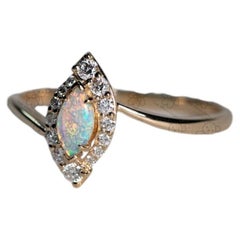 Marquise Cut Australian Solid Opal Halo Diamond Ring 14K