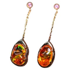 Asymmetrical Oval Mexican Fire Opal String Drop Threader Earrings 14K