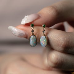 Stylish Australian Boulder Opal Diamond Tsavorite Drop Earrings 14K