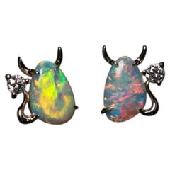 I Love You, Little Devil - Australian Solid Opal Diamond Stud Earrings 14K
