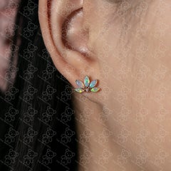 Beautiful Lotus Water Lily Design Australian Solid Opal Diamond Earrings 14K