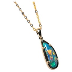 Teardrop Shaped Doublet Opal Pendant Necklace 14K Yellow Gold