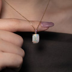 Elegant Rectangle White Opal, Pink Sapphire & Diamond Pendant Necklace 14K