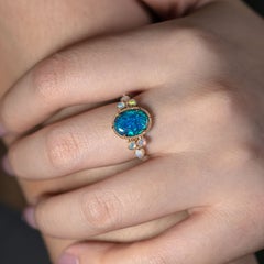 Milgrain Deep Blue Black Opal & Crystal Opal Engagement Ring 14K Yellow Gold