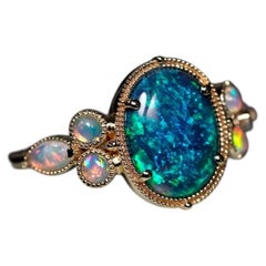 Milgrain Deep Blue Black Opal & Crystal Opal Engagement Ring 14K Yellow Gold