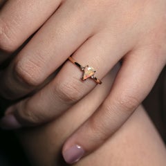Minimalist Pear Shaped Semi-Black Opal Diamond Ring 14K Yellow Gold