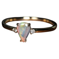 Minimalist Pear Shaped Semi-Black Opal Diamond Ring 14K Yellow Gold